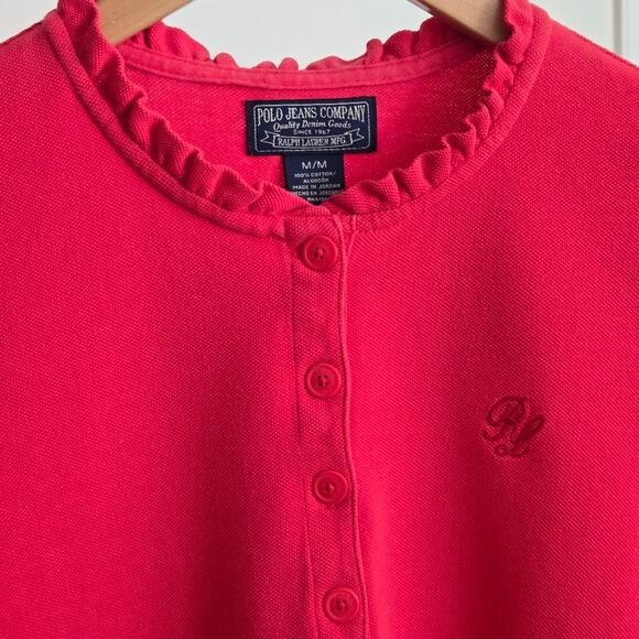 Vintage Ralph Lauren Polo Jeans Co. Ruffled Collar Salmon Red Short Sleeve Med. - Picture 2 of 8
